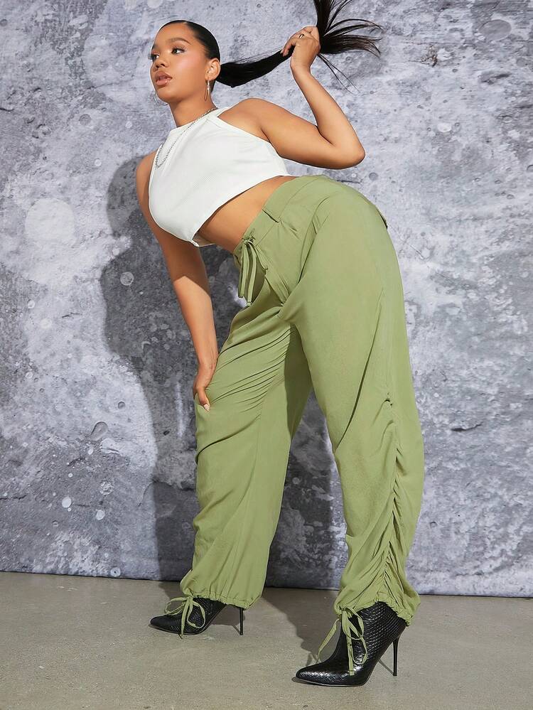 Plus Drawstring Waist Solid Pants