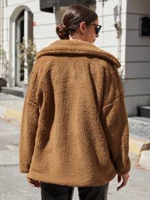 EURMUSE Dual Pocket Drop Shoulder Teddy Coat - Khaki - View 2