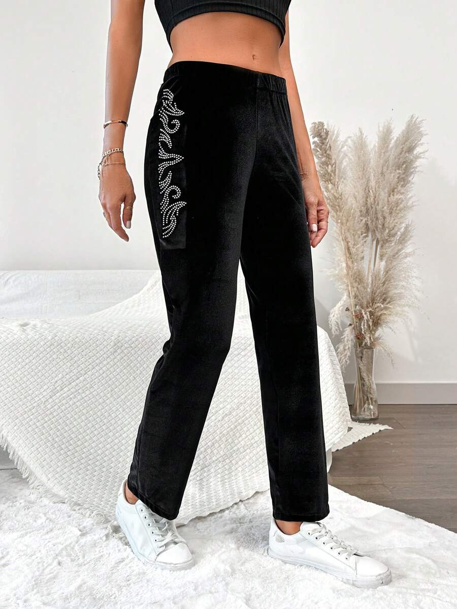 EURMUSE 女士纯色休闲水钻装饰裤 - 黑色 - 查看 1