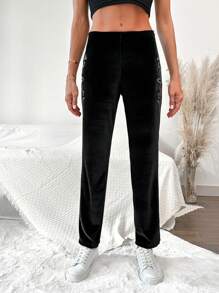 EURMUSE 女士纯色休闲水钻装饰裤 - 黑色 - 查看 3