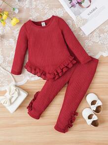 Baby Girl Ruffle Trim Tee & Leggings - Burgundy - View 1