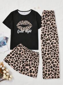 SHEIN Thiếu niên Cô gái Dệt kim In hoa Báo Áo thun , Quần short , Và Quần Trang phục mặc nhà Bộ - màu đen - Xem 1