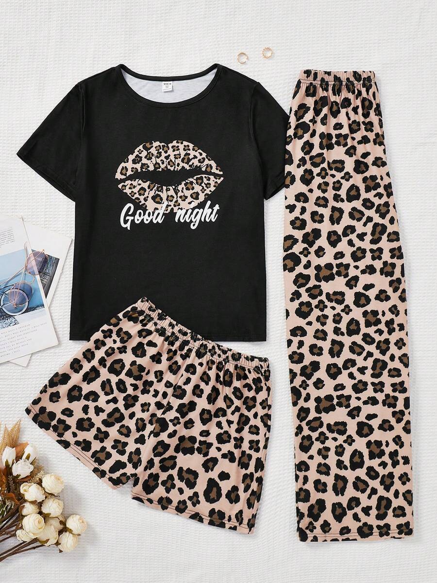 SHEIN Thiếu niên Cô gái Dệt kim In hoa Báo Áo thun , Quần short , Và Quần Trang phục mặc nhà Bộ - màu đen - Xem 1