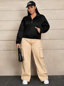 SHEIN EZwear 大碼半拉鏈落肩袖運動衫 - 黑色 - 查看 6