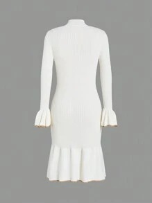 SHEIN Frenchy 小高領荷葉袖紐扣細節荷葉邊毛衣洋裝 - 米色 - 查看 6