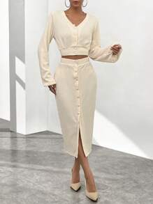 SHEIN Privé 素色前紐扣短款上衣&半身裙 - 米色 - 查看 6