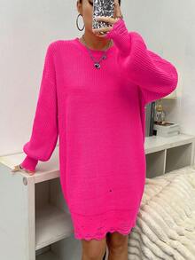 SHEIN Essnce Ripped Drop Shoulder Sweater Dress - Hot Pink - View 4
