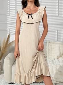 荷葉邊前蝴蝶結荷葉邊休閒服洋裝 - 杏色 - 查看 3