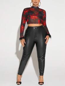 SHEIN SXY 加中國龍印花毛絨袖口短款網眼上衣（無胸罩） - 紅色 - 查看 3