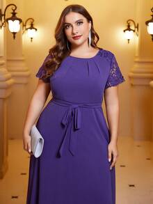 SHEIN Belle Plus Contrast Lace Belted Chiffon Dress - Mauve Purple - View 6