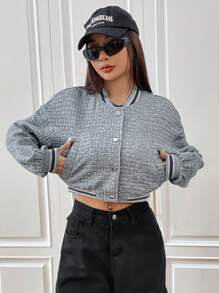 SHEIN EZwear Striped Trim Drop Shoulder Crop Bomber Jacket - Grey - View 7