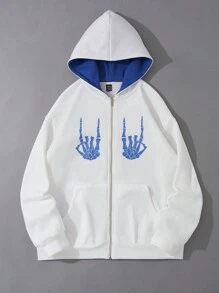 SHEIN EZwear 萬聖節1入組骷髏手掌圖案拉鏈開襟落肩袖連帽衫 - 白色 - 查看 1