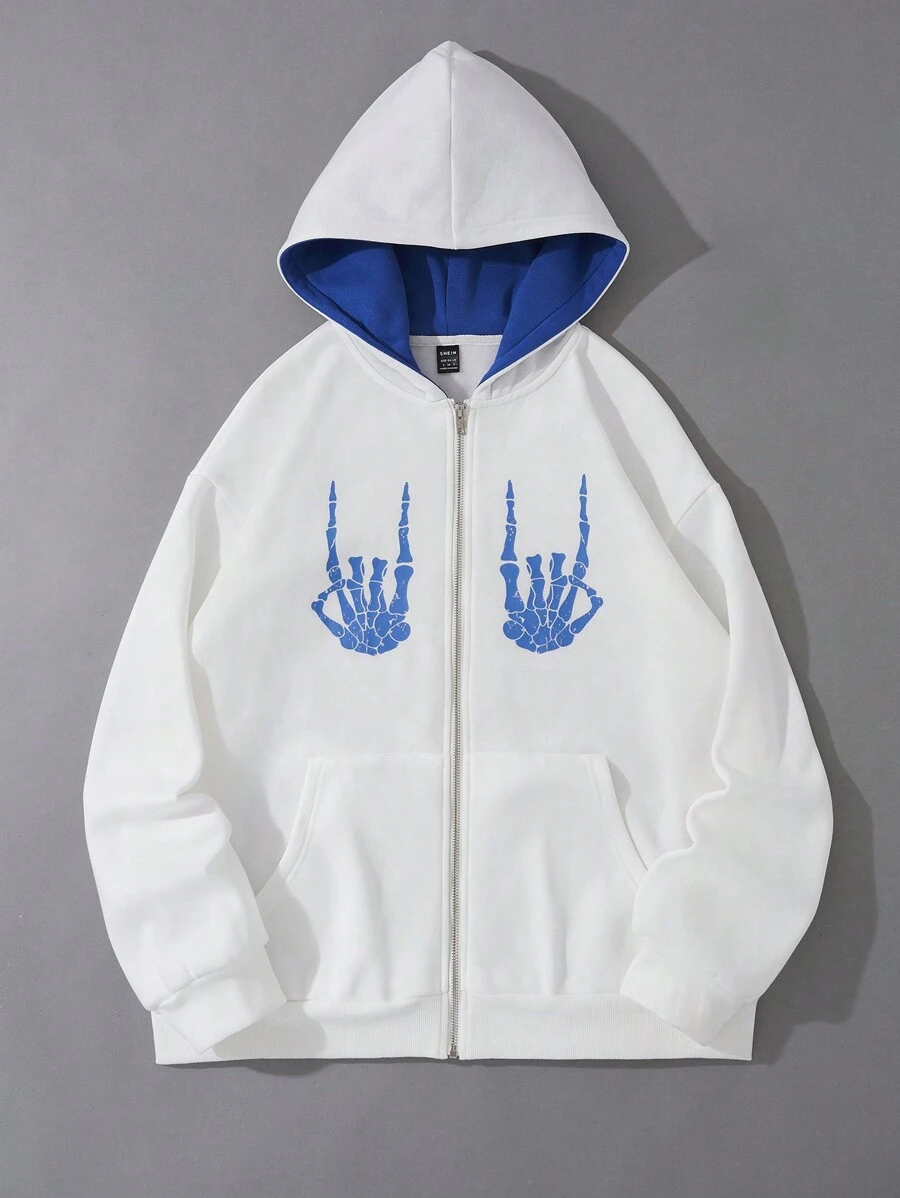 SHEIN EZwear 萬聖節1入組骷髏手掌圖案拉鏈開襟落肩袖連帽衫 - 白色 - 查看 1