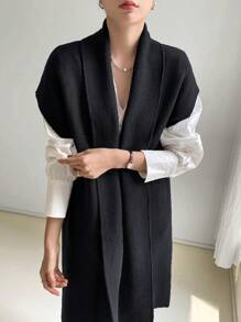DAZY 1 件纯色蝙蝠袖开衫，休闲商务风格，秋季，无袖上衣 - 黑色 - 查看 6