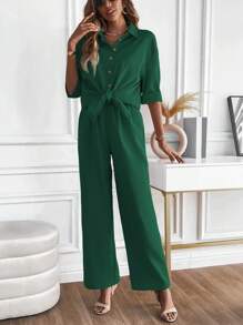 SHEIN LUNE Solid Button Front Shirt & Wide Leg Pants - Dark Green - View 6