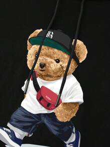 RueChic Men Bear Print Drawstring Hoodie - Black - View 4