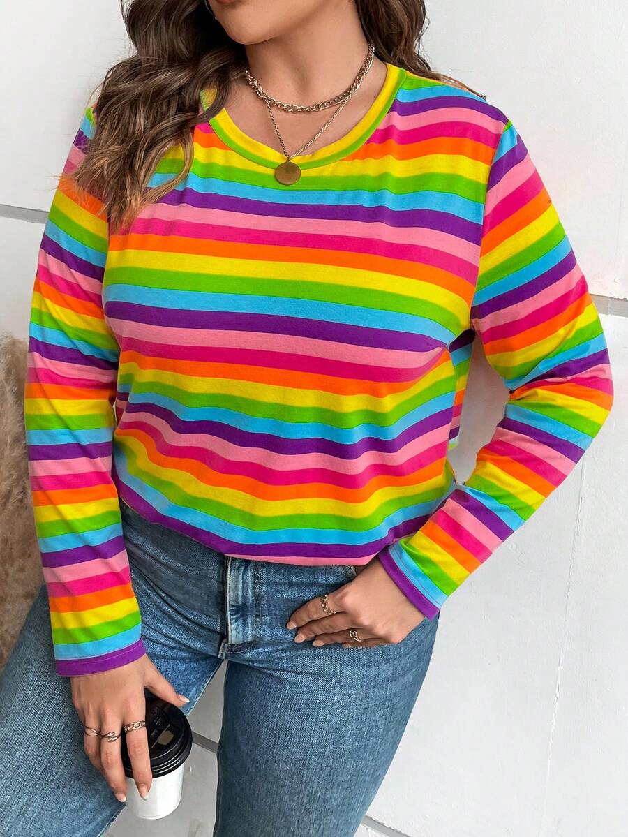 SHEIN CURVE+ Cộng với áo phông sọc cầu vồng - Nhiều màu - Xem 1