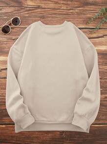 SHEIN EZwear 字母图案保暖内衬套头卫衣 秋季卫衣 - 杏色 - 查看 2
