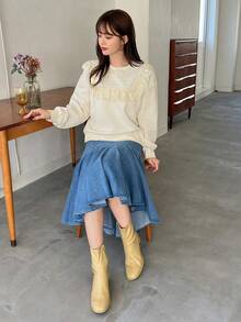 FRIFUL 撞色蕾絲荷葉邊落肩套頭衫 - 米色 - 查看 7