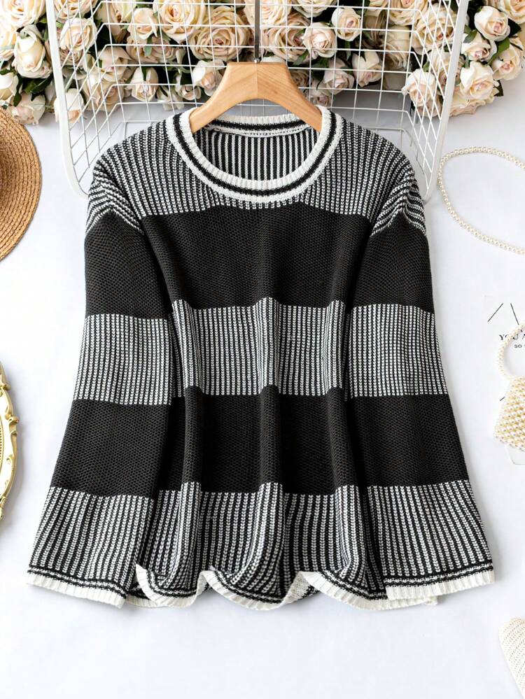 Plus Striped Pattern Colorblock Drop Shoulder Sweater Knit Pullover Fall Winter Sweater
