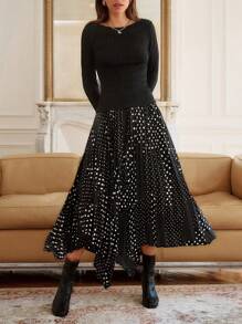 SHEIN Frenchy Polka Dot Print Asymmetrical Hem Skirt - Black - View 3