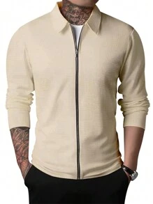 男士素色拉鏈開襟夾克 - 卡其色 - 查看 1