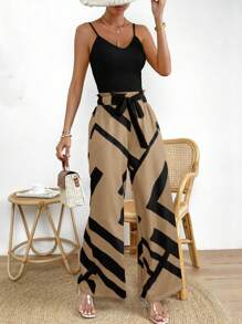 SHEIN LUNE Solid Cami Top & Geo Print Belted Wide Leg Pants - Khaki - View 3