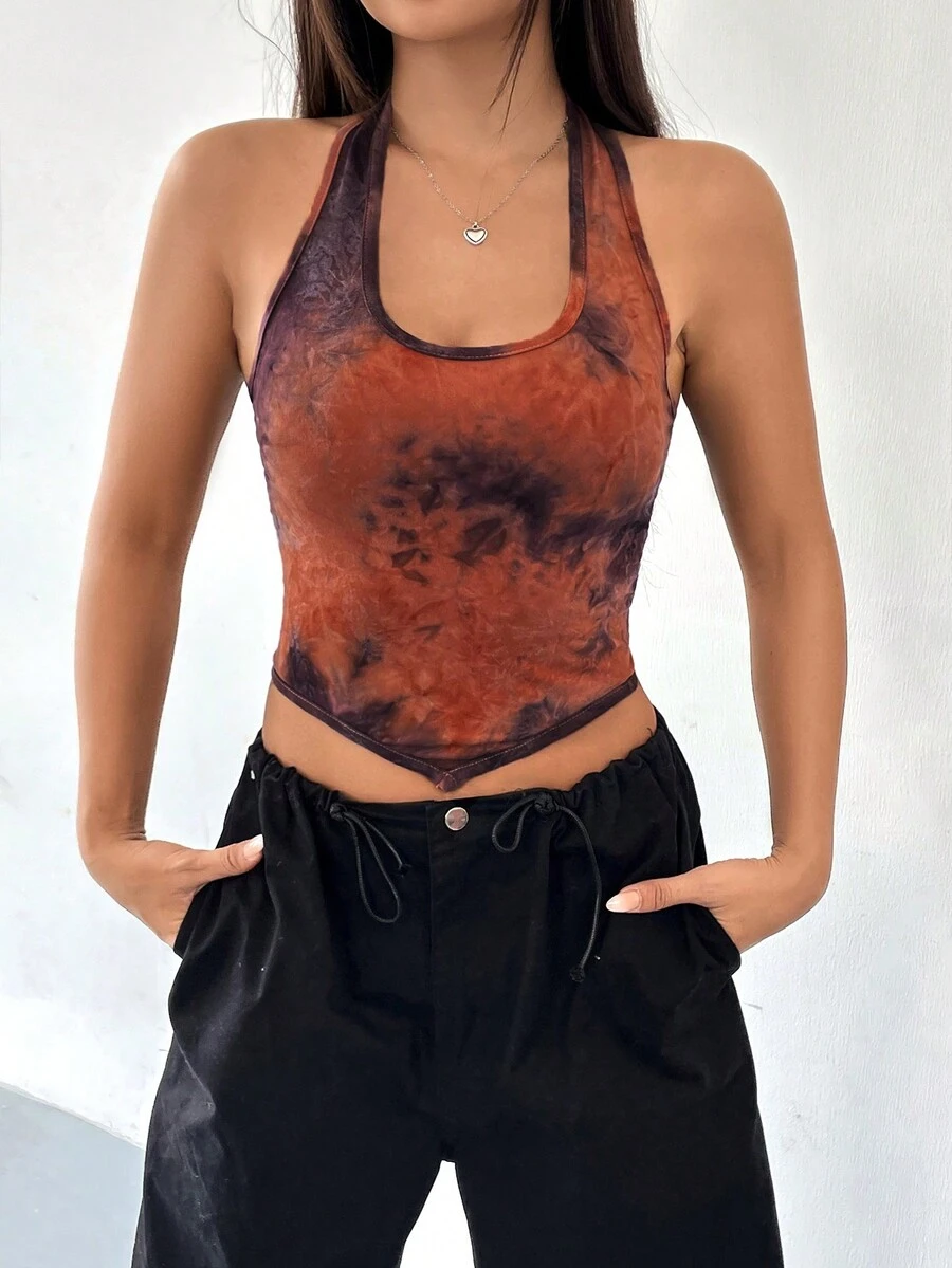 SHEIN EZwear Tie Dye Bandana Hem Backless Halter Top - Brown - View 1