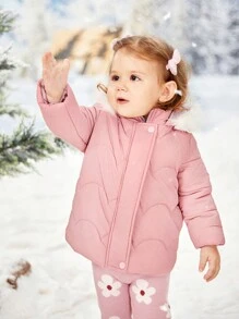 SHEIN 女婴同款系带毛绒装饰连帽棉服外套