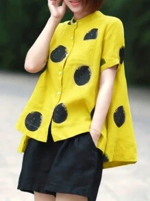 Polka Dot High Low Blouse - Yellow - View 1
