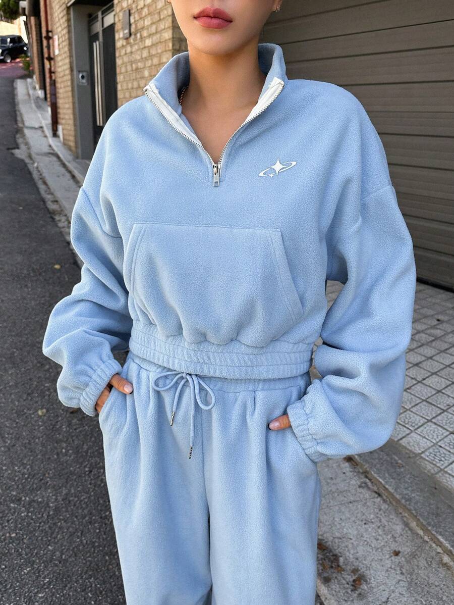 DAZY Áo trễ vai có khóa kéo và quần bó sát eo dây rút - Màu xanh lam - Xem 1