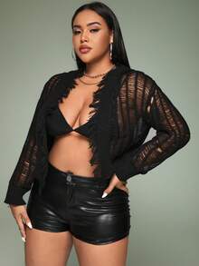 SHEIN ICON Hơn Đan Mở Thả vai áo có mũ Áo len Mở - màu đen - Xem 4