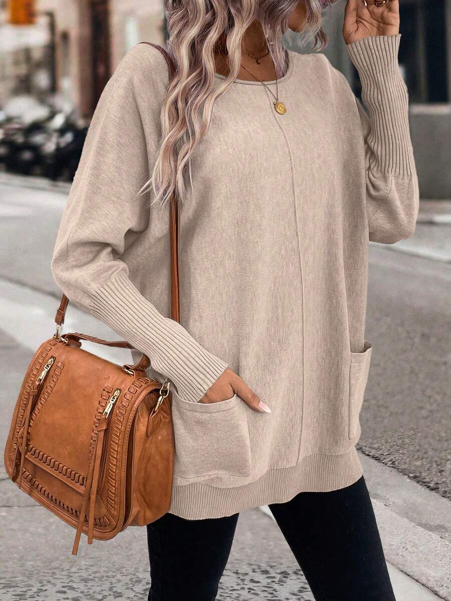 SHEIN LUNE Batwing Sleeve Pocket Patched Sweater - Pink - View 1