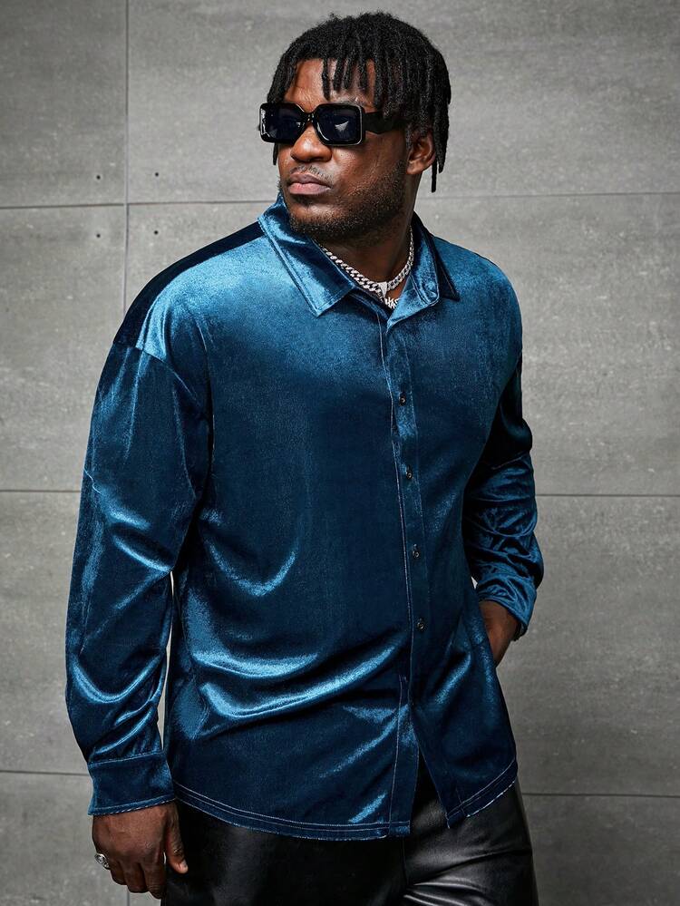 GENTILAND Men Plus Drop Shoulder Velvet Shirt | SHEIN USA