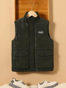 SHEIN Tween Boy 1 件字母贴花细节翻盖口袋背心夹棉外套 - 軍綠色 - 查看 6