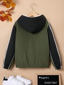 SHEIN Tween Boy Letter Graphic Contrast Piping Thermal Lined Hooded Jacket - Army Green - View 2