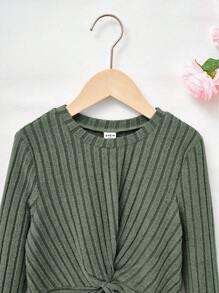 SHEIN Leap Crew 少女實色休閒長袖圓領扭結下擺t恤,適合春秋穿著 - 軍綠色 - 查看 4