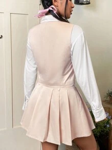 SHEIN EZwear Unicolore À Bouton Blazer Sans Manches & Jupe Plissée - Nude - Voir 3