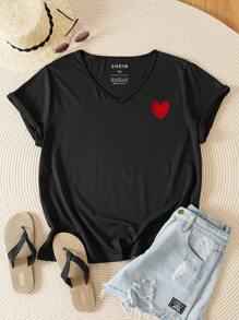 INAWLY Plus Heart Embroidery Tee, Women Top, Summer - Black - View 1