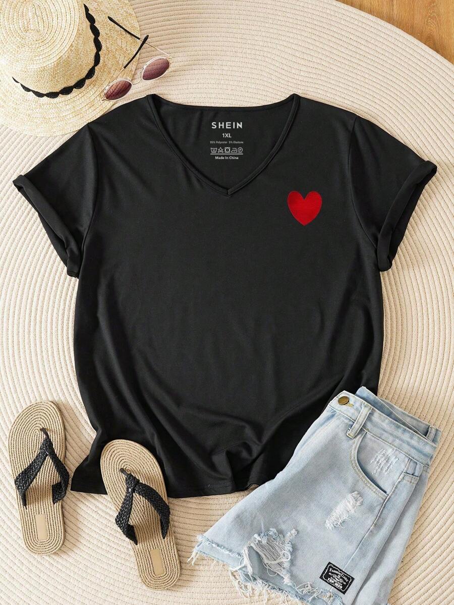 INAWLY Plus Heart Embroidery Tee, Women Top, Summer - Black - View 1