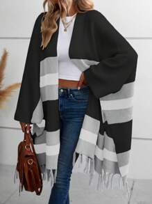 EMERY ROSE 拼色流苏下摆蝙蝠袖开衫 - 彩色 - 查看 1