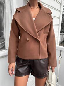 RueChic Lapel Neck Drop Shoulder Double Button Overcoat - Burgundy - View 5