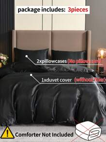 3件套纯色床上用品，缎面光滑柔软涤纶纤维被套。套装包含：1个带四角带和拉链的被套 + 2个枕套（不含被子或枕芯），适用于卧室、旅行、宿舍（男孩/女孩） - 黑色 - 查看 2