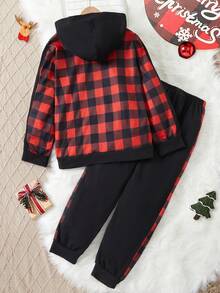 Tween Boy Buffalo Plaid & Letter Graphic Hooded Jacket & Sweatpants - Black - View 2