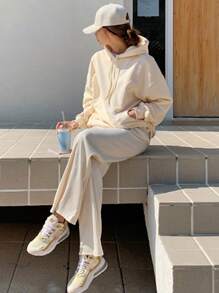 DAZY Kangaroo Pocket Drop Shoulder Drawstring Hoodie - Apricot - View 7