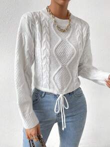 SHEIN Essnce Cable Knit Drop Shoulder Drawstring Hem Sweater - White - View 3