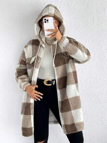 SHEIN Frenchy 大方格圖案落肩袖抽繩連帽絨毛外套 - 卡其色 - 查看 5