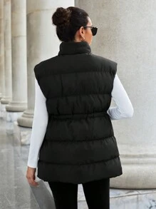 EURMUSE Women's Solid Color Drawstring Waist Zipper Front Casual Vest Jacket, Winter - Black - View 2