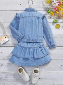 Young Girl Frill Trim Denim Jacket & Ruffle Hem Skirt - Medium Wash - View 2