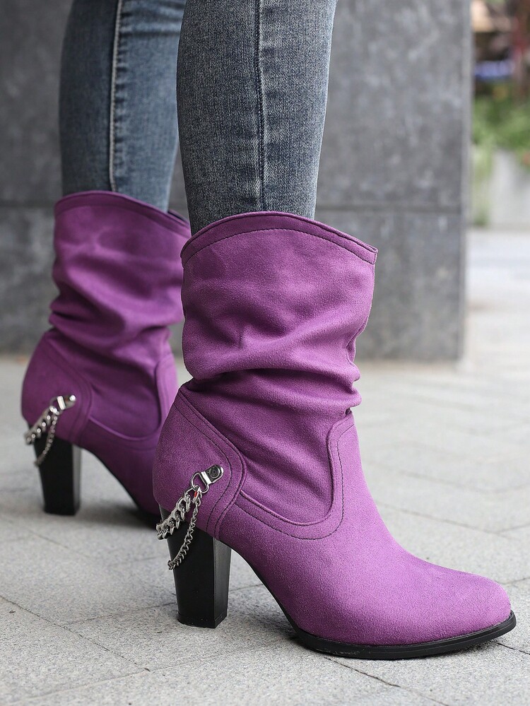 Metal Chain Decor Suede Folding Ankle Boots In Purple, Autumn & Winter - Purple - View 2